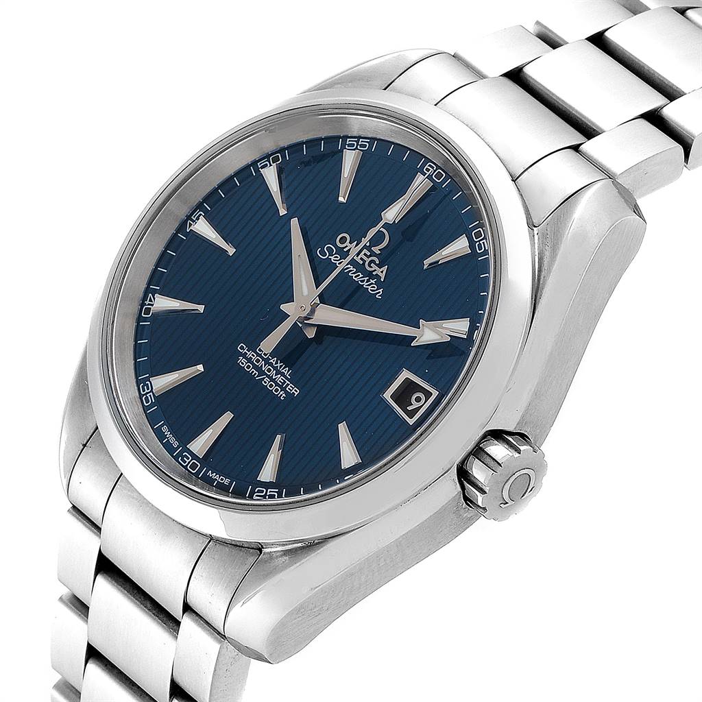 The image shows an Omega Aqua Terra 231.10.39.21.03.001 Men's Stainless Steel Blue Dial 231.10.39.21.03.001 Men's Stainless Steel Blue Dial watch at an angled view, displaying the blue face, stainless steel case, crown, and bracelet.