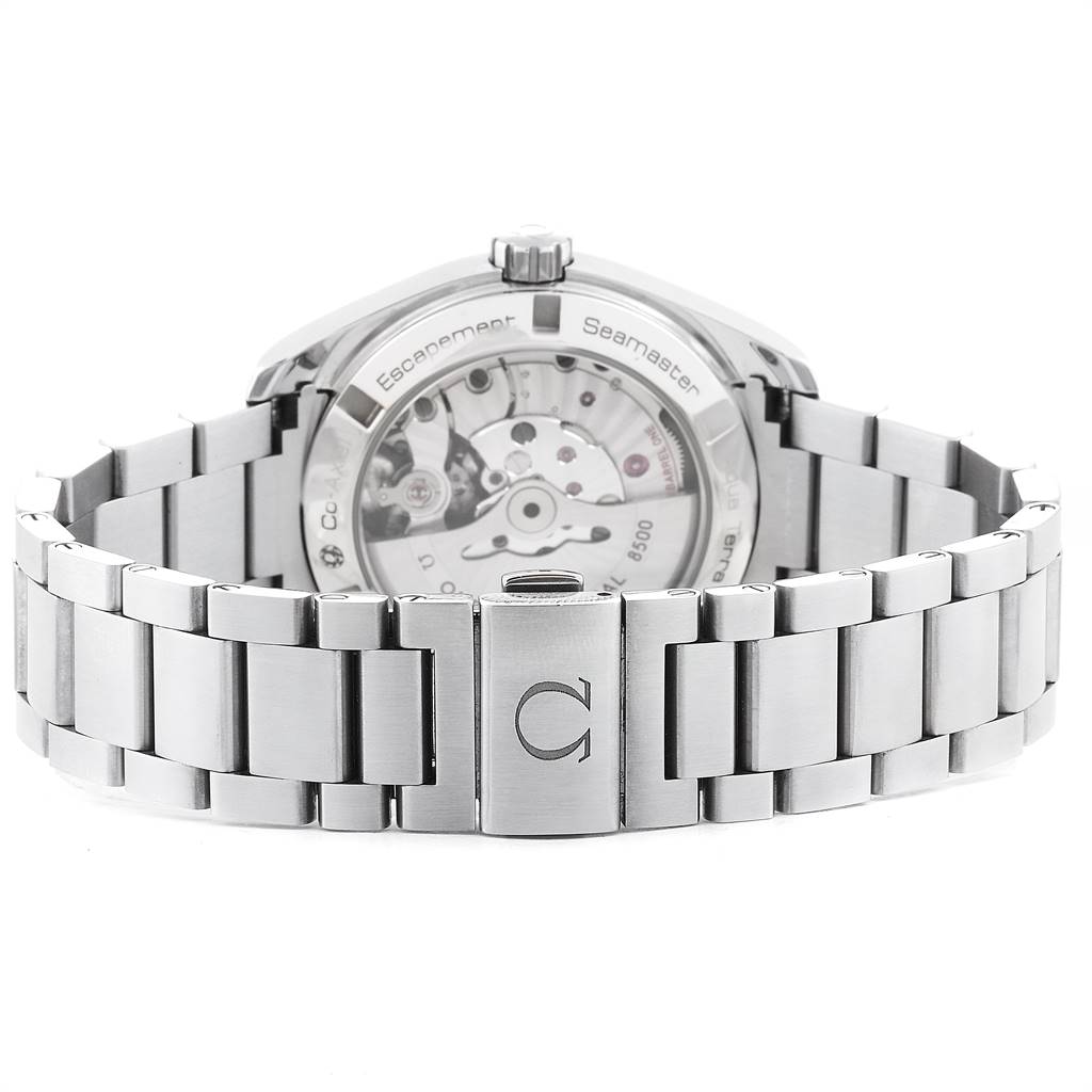 The image shows the back view of the Omega Aqua Terra 231.10.39.21.03.001 Men's Stainless Steel Blue Dial 231.10.39.21.03.001 Men's Stainless Steel Blue Dial watch, showcasing its bracelet and transparent case back.