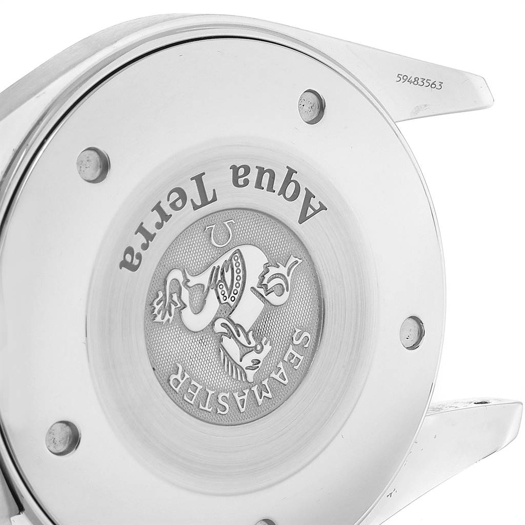 The image shows the case back of an Omega Aqua Terra 2517.80.00 Men
s Stainless Steel Blue Dial 2517.80.00 Men
s Stainless Steel Blue Dial watch, displaying its logo engravings.