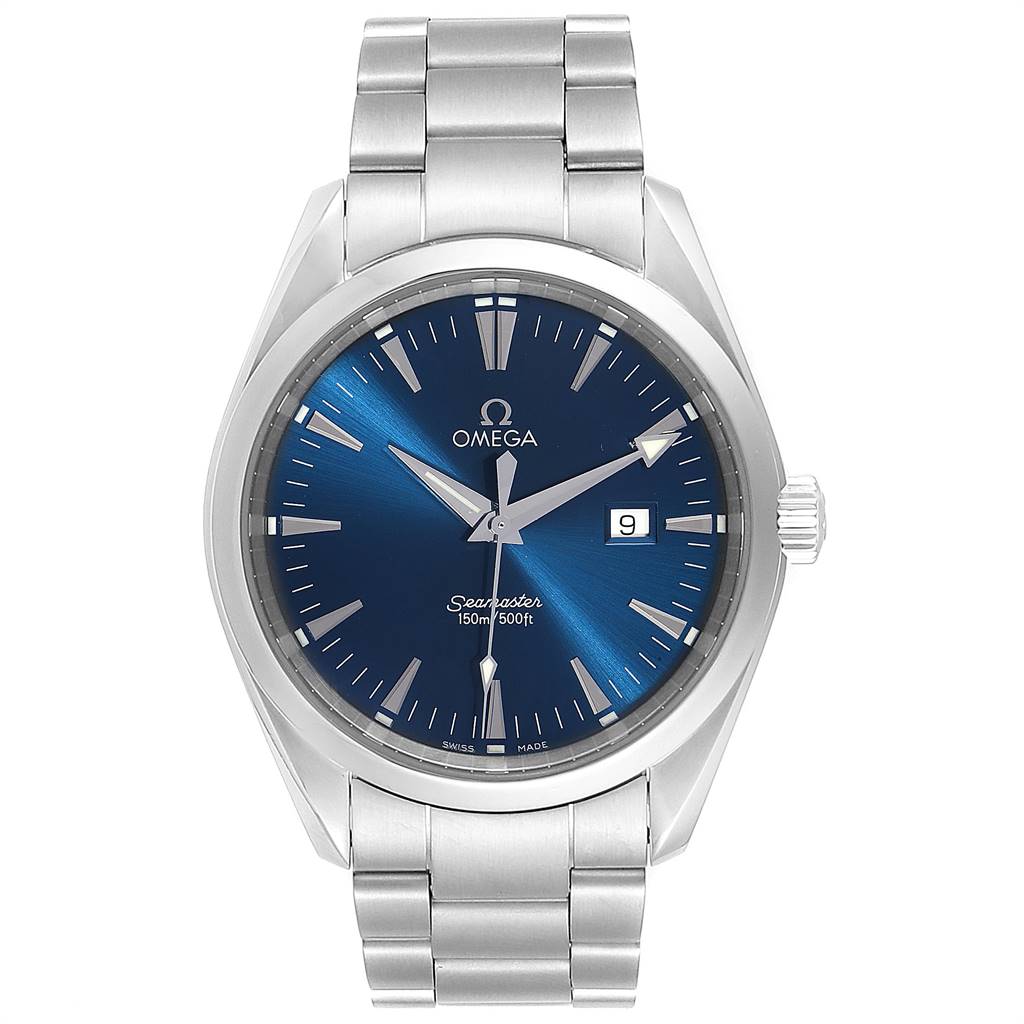 The image shows a front view of the Omega Seamaster Aqua Terra watch, highlighting its blue dial, date window, and stainless steel bracelet.