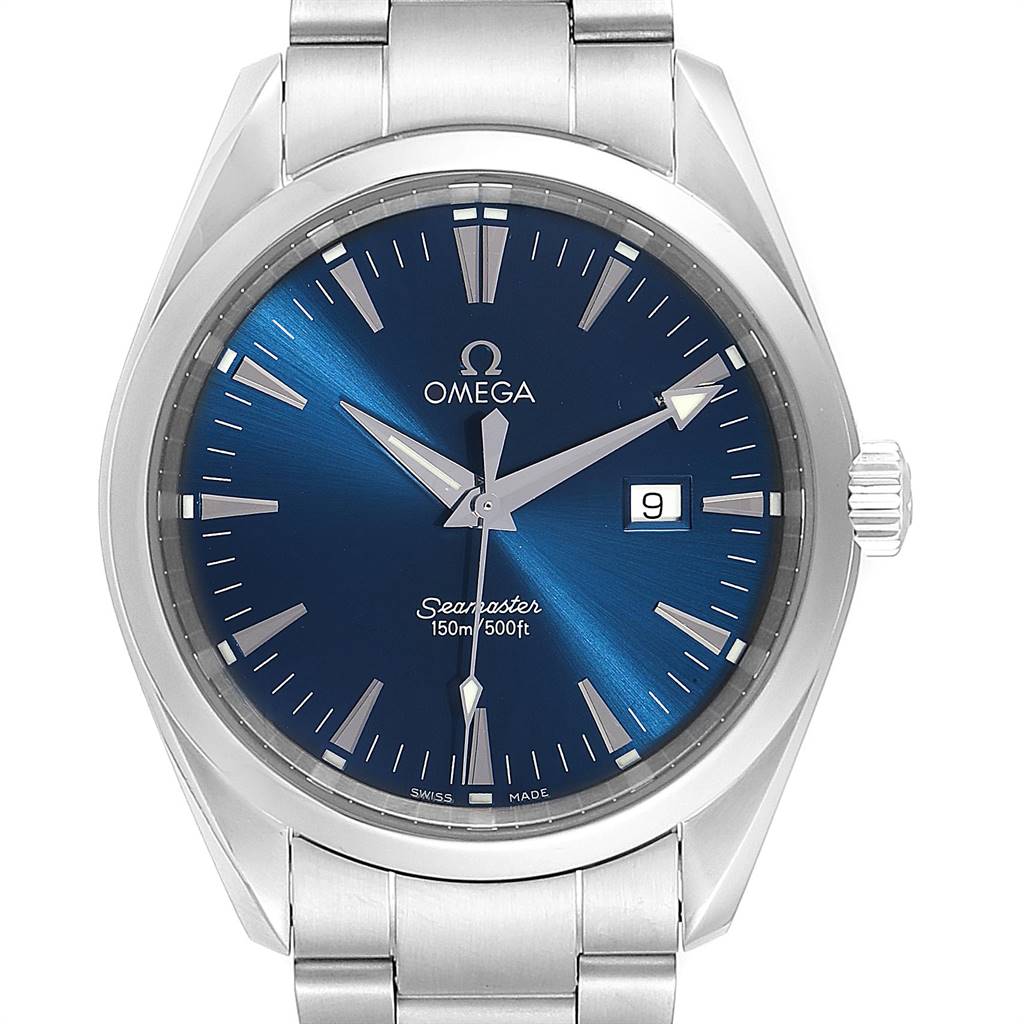 This image shows a front view of the Omega Aqua Terra 2517.80.00 Men
s Stainless Steel Blue Dial 2517.80.00 Men
s Stainless Steel Blue Dial watch, displaying the face, bezel, crown, and part of the bracelet.