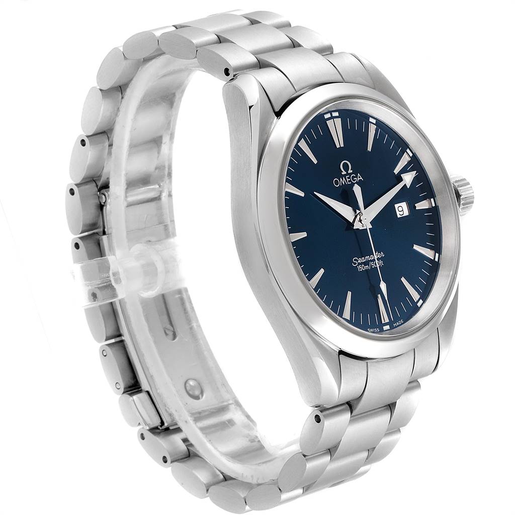 The image shows a side angle view of the Omega Aqua Terra 2517.80.00 Men
s Stainless Steel Blue Dial 2517.80.00 Men
s Stainless Steel Blue Dial watch, featuring the face, bezel, crown, and part of the stainless steel bracelet.