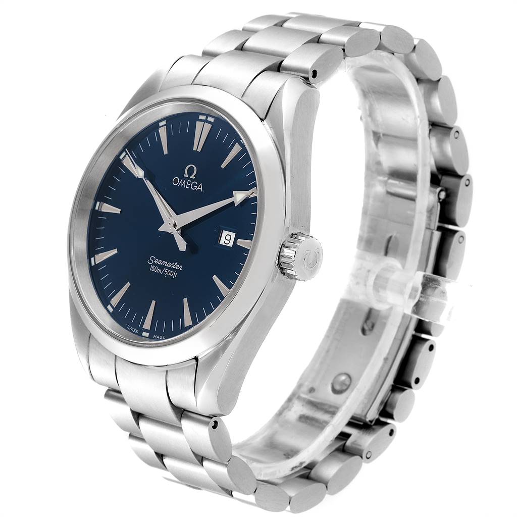 The Omega Aqua Terra 2517.80.00 Men
s Stainless Steel Blue Dial 2517.80.00 Men
s Stainless Steel Blue Dial watch is shown at a three-quarter angle, displaying its face, crown, and metallic band.