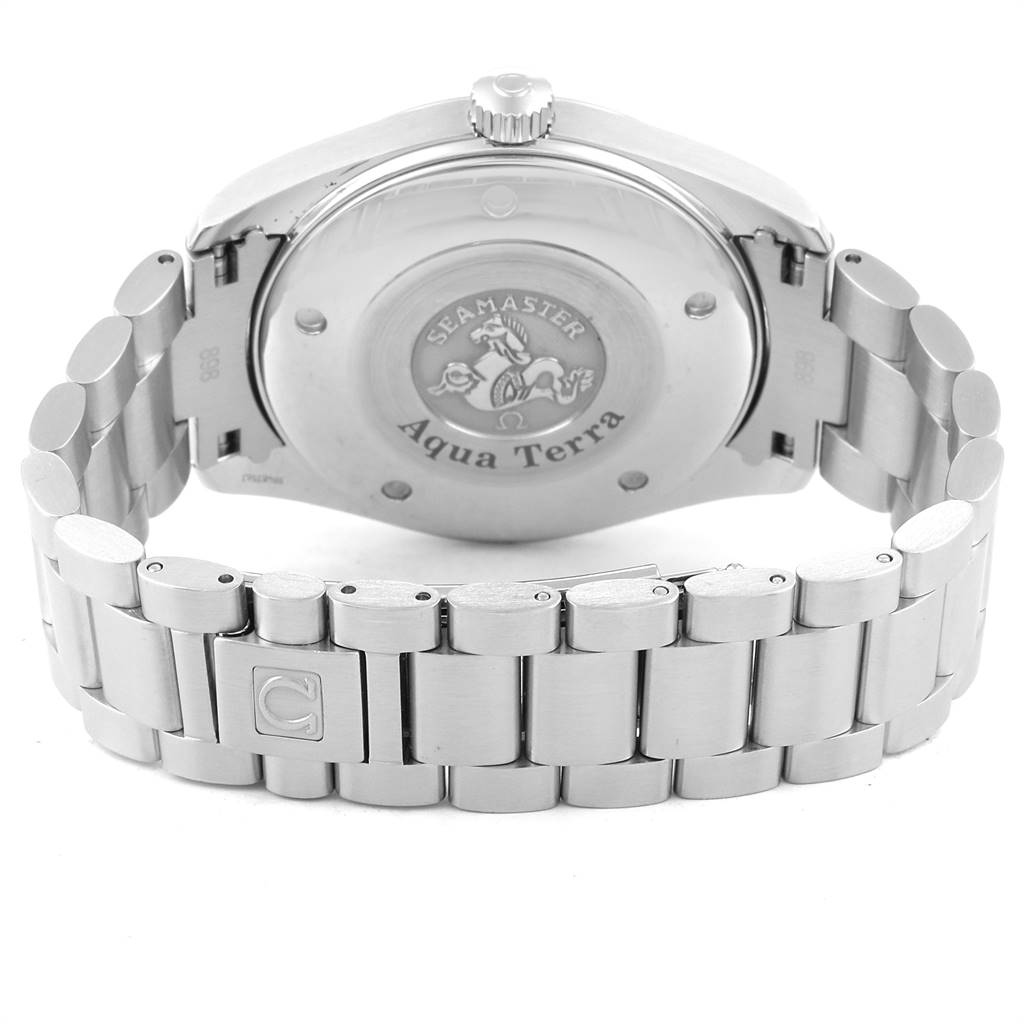 The image shows the backside and part of the bracelet of the Omega Aqua Terra 2517.80.00 Men
s Stainless Steel Blue Dial 2517.80.00 Men
s Stainless Steel Blue Dial watch.