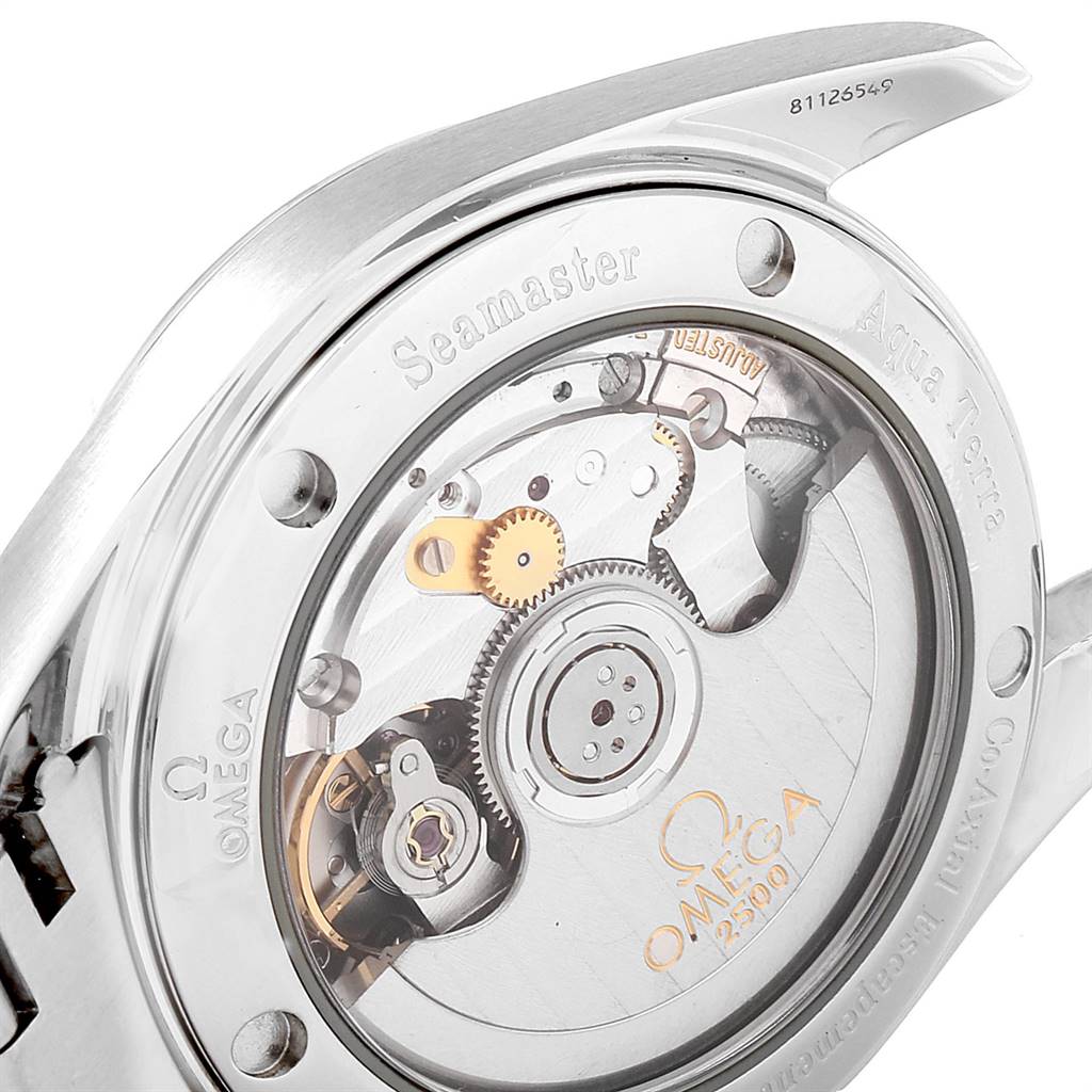 This image shows the back view of the Omega Aqua Terra 2504.80.00 Men
s Stainless Steel Blue Dial 2504.80.00 Men
s Stainless Steel Blue Dial Seamaster model, highlighting its mechanical movement.