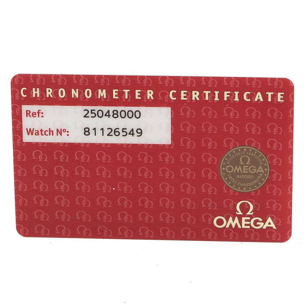 This image shows the chronometer certificate card for the Omega Aqua Terra 2504.80.00 Men
s Stainless Steel Blue Dial 2504.80.00 Men
s Stainless Steel Blue Dial model, displaying the reference and watch number.