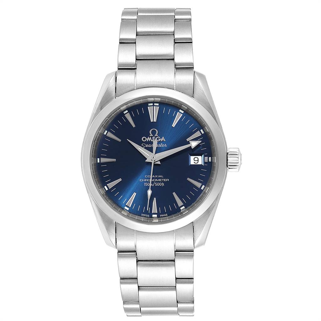 The image shows a frontal view of the Omega Aqua Terra 2504.80.00 Men
s Stainless Steel Blue Dial 2504.80.00 Men
s Stainless Steel Blue Dial watch, displaying the dial, hands, date window, and bracelet.