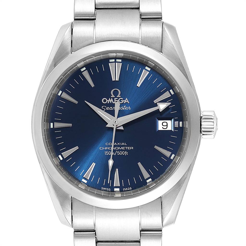 The image shows a front view of the Omega Aqua Terra 2504.80.00 Men
s Stainless Steel Blue Dial 2504.80.00 Men
s Stainless Steel Blue Dial watch, highlighting its blue dial, stainless steel case, and bracelet.
