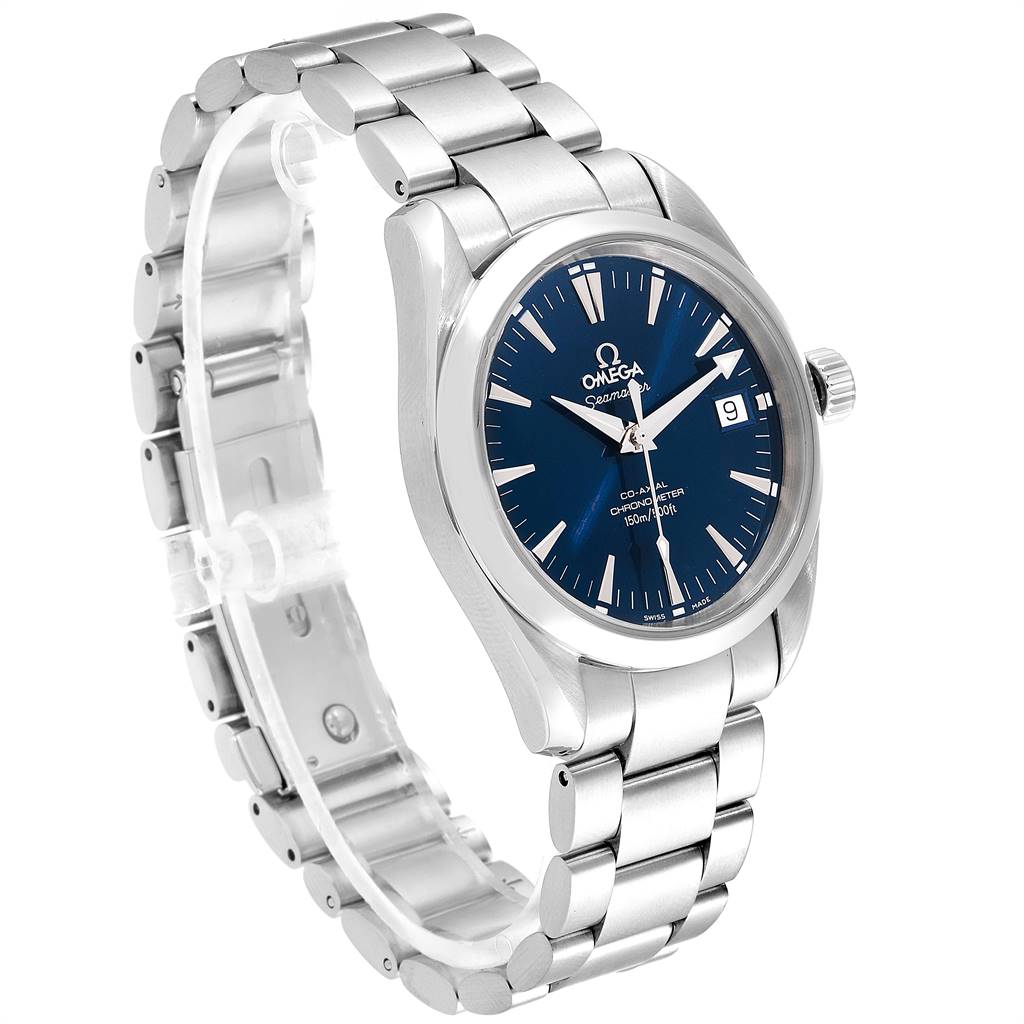 The image shows a side angle of the Omega Aqua Terra 2504.80.00 Men
s Stainless Steel Blue Dial 2504.80.00 Men
s Stainless Steel Blue Dial watch, highlighting its stainless steel bracelet and blue dial.