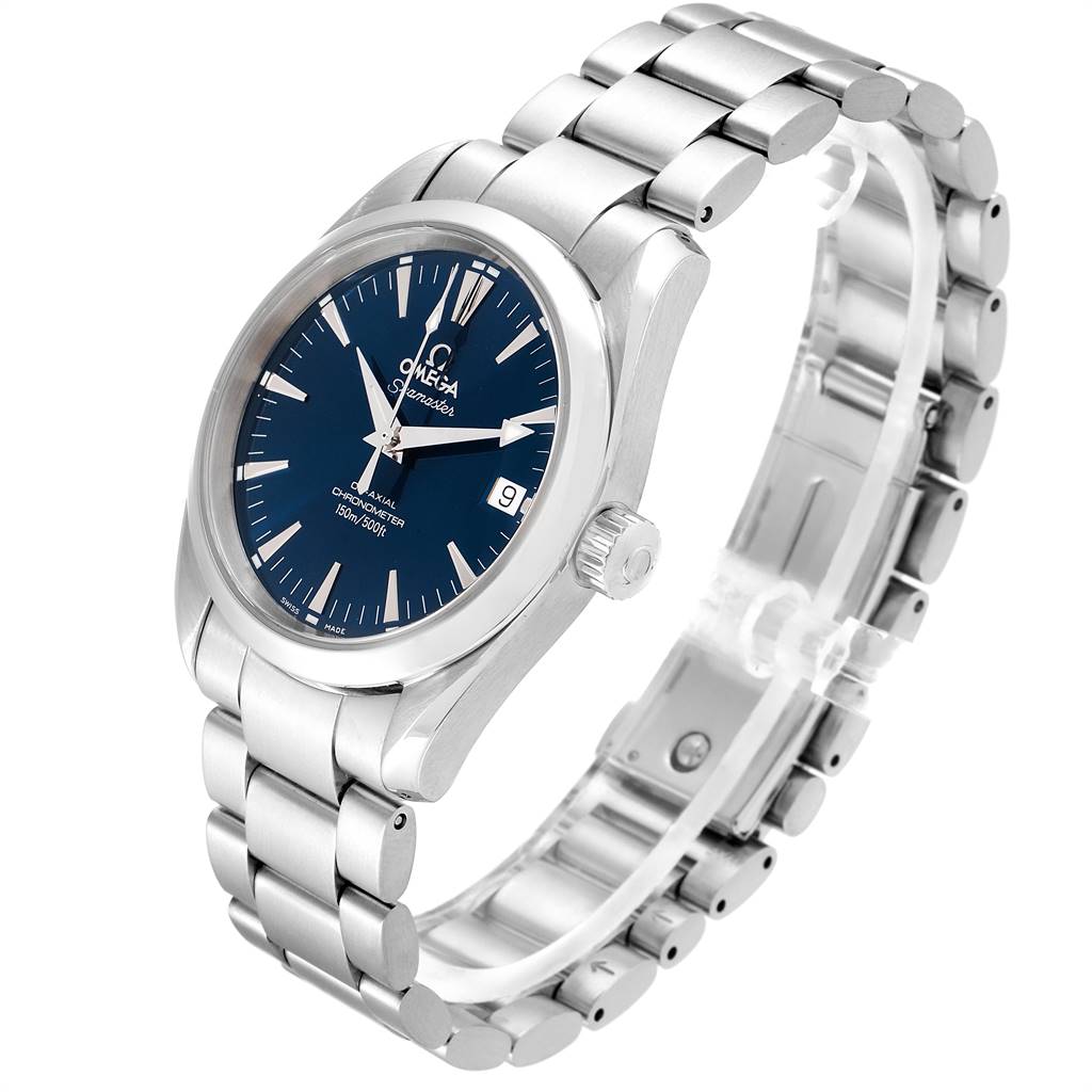 The Omega Aqua Terra 2504.80.00 Men
s Stainless Steel Blue Dial 2504.80.00 Men
s Stainless Steel Blue Dial watch is shown at a slight angle, displaying its face, bracelet, and crown.