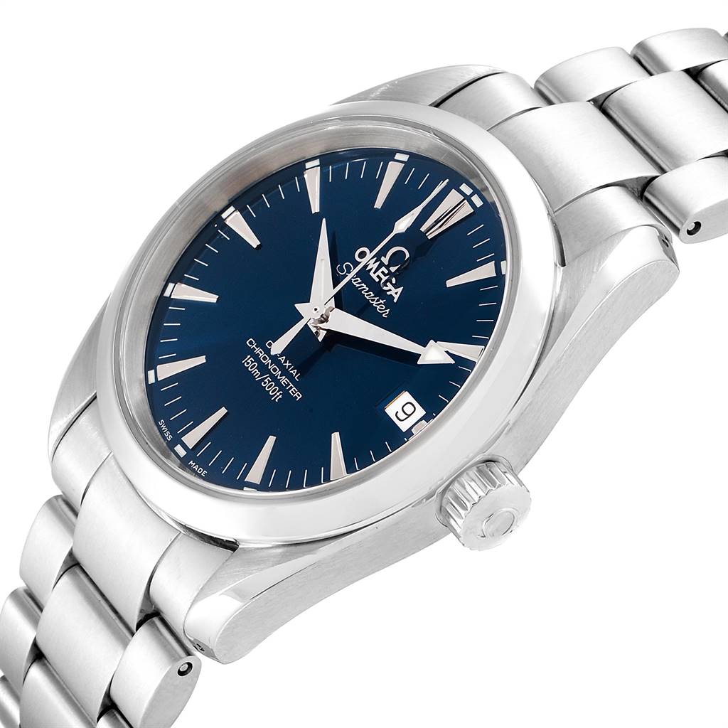 This Omega Aqua Terra 2504.80.00 Men
s Stainless Steel Blue Dial 2504.80.00 Men
s Stainless Steel Blue Dial watch is shown at an angle focusing on the dial, crown, and part of the metal bracelet.