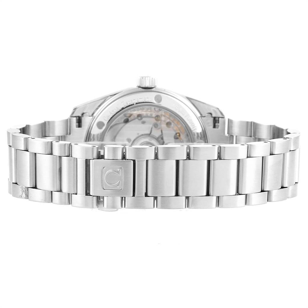 The image shows the back case and bracelet of an Omega Aqua Terra 2504.80.00 Men
s Stainless Steel Blue Dial 2504.80.00 Men
s Stainless Steel Blue Dial watch, highlighting the clasp and part of the mechanical movement.