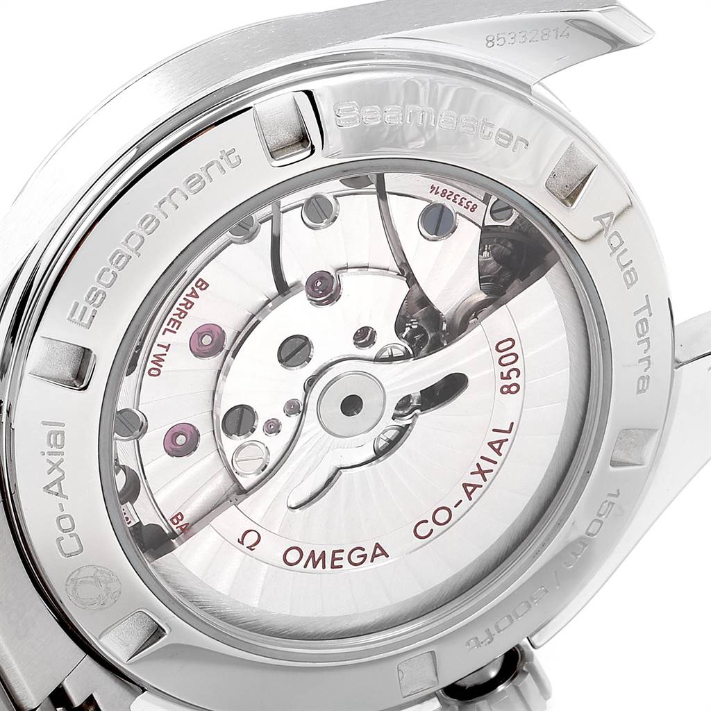 The image shows the back view of the Omega Aqua Terra 231.10.42.21.06.001 Men's Stainless Steel Grey Dial 231.10.42.21.06.001 Men's Stainless Steel Grey Dial watch, highlighting its Co-Axial 8500 movement and internal mechanism.