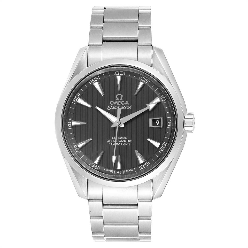 This Omega Aqua Terra 231.10.42.21.06.001 Men's Stainless Steel Grey Dial 231.10.42.21.06.001 Men's Stainless Steel Grey Dial watch is shown from the front, displaying its face, dial, date window, and stainless steel bracelet.