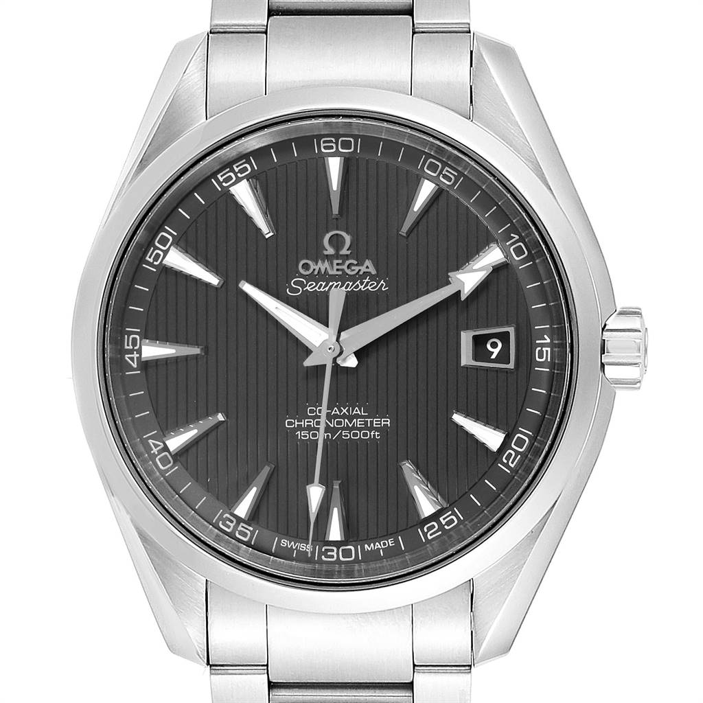This image shows a front view of the Omega Aqua Terra 231.10.42.21.06.001 Men's Stainless Steel Grey Dial 231.10.42.21.06.001 Men's Stainless Steel Grey Dial Seamaster watch, highlighting its black dial, silver indices, and metal bracelet.