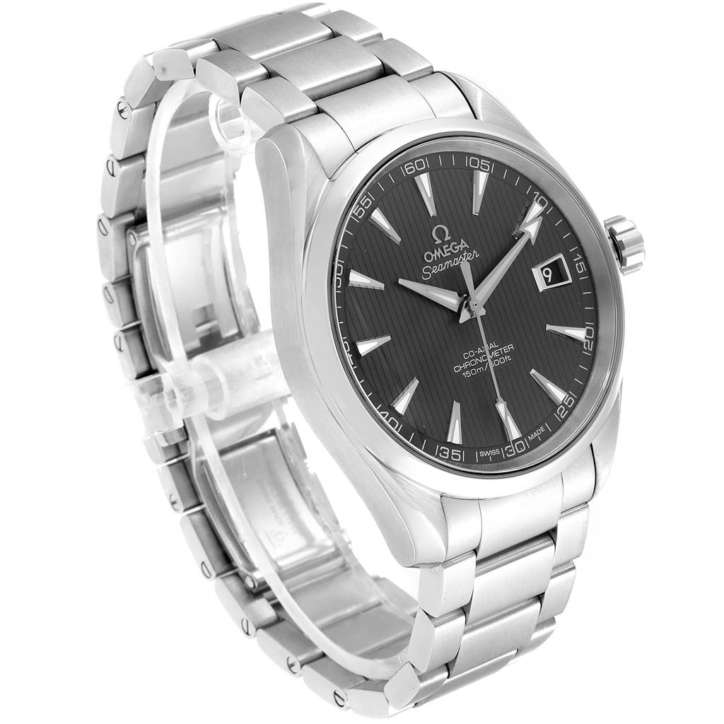 This image shows an Omega Aqua Terra 231.10.42.21.06.001 Men's Stainless Steel Grey Dial 231.10.42.21.06.001 Men's Stainless Steel Grey Dial watch angled to highlight the face, stainless steel bracelet, and side profile.