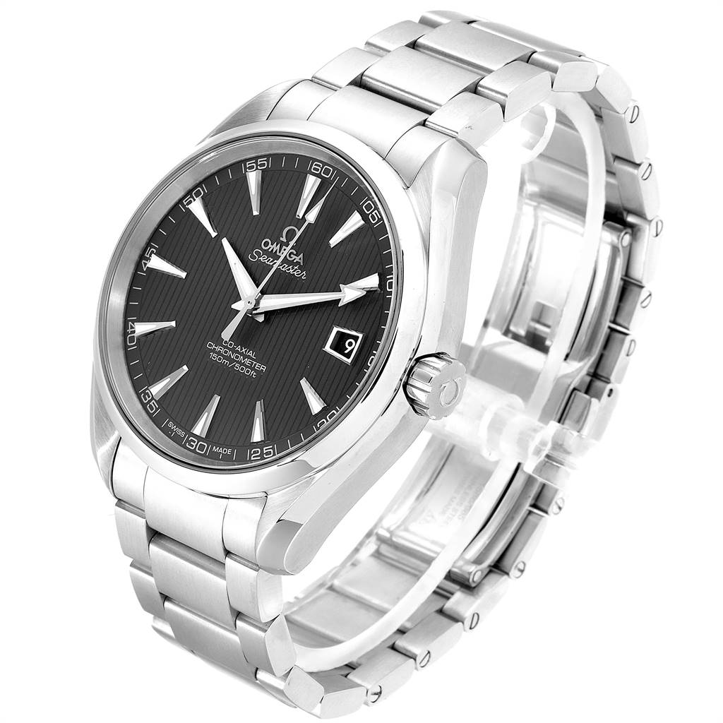 This is a front angled view of the Omega Aqua Terra 231.10.42.21.06.001 Men's Stainless Steel Grey Dial 231.10.42.21.06.001 Men's Stainless Steel Grey Dial watch showing its face, bezel, bracelet, and crown.