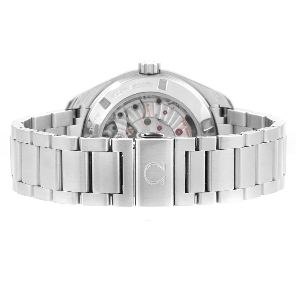 The image shows the back view of an Omega Aqua Terra 231.10.42.21.06.001 Men's Stainless Steel Grey Dial 231.10.42.21.06.001 Men's Stainless Steel Grey Dial watch, focusing on the bracelet and the transparent case back.