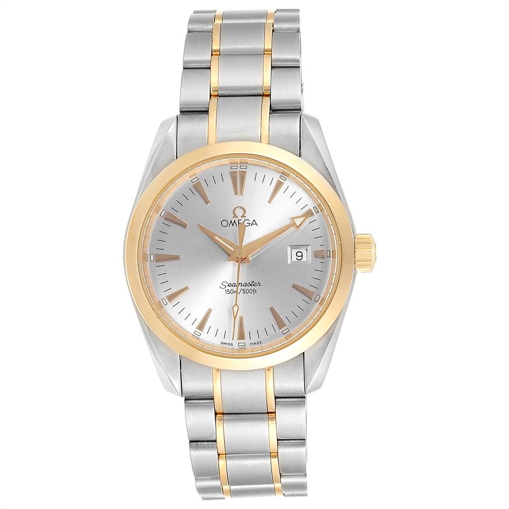 This image shows a front view of the Omega Aqua Terra 2318.30.00 Men
s Steel and Gold (two tone) Silver Dial 2318.30.00 Men
s Steel and Gold (two tone) Silver Dial watch, featuring the dial, bezel, and bracelet.
