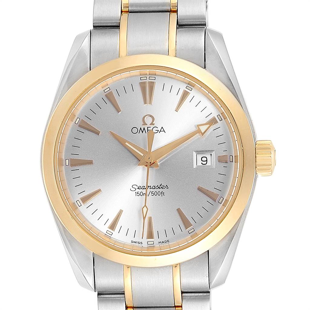 The image is a front view of the Omega Aqua Terra 2318.30.00 Men
s Steel and Gold (two tone) Silver Dial 2318.30.00 Men
s Steel and Gold (two tone) Silver Dial Seamaster watch, showing the dial, bezel, and part of the bracelet.