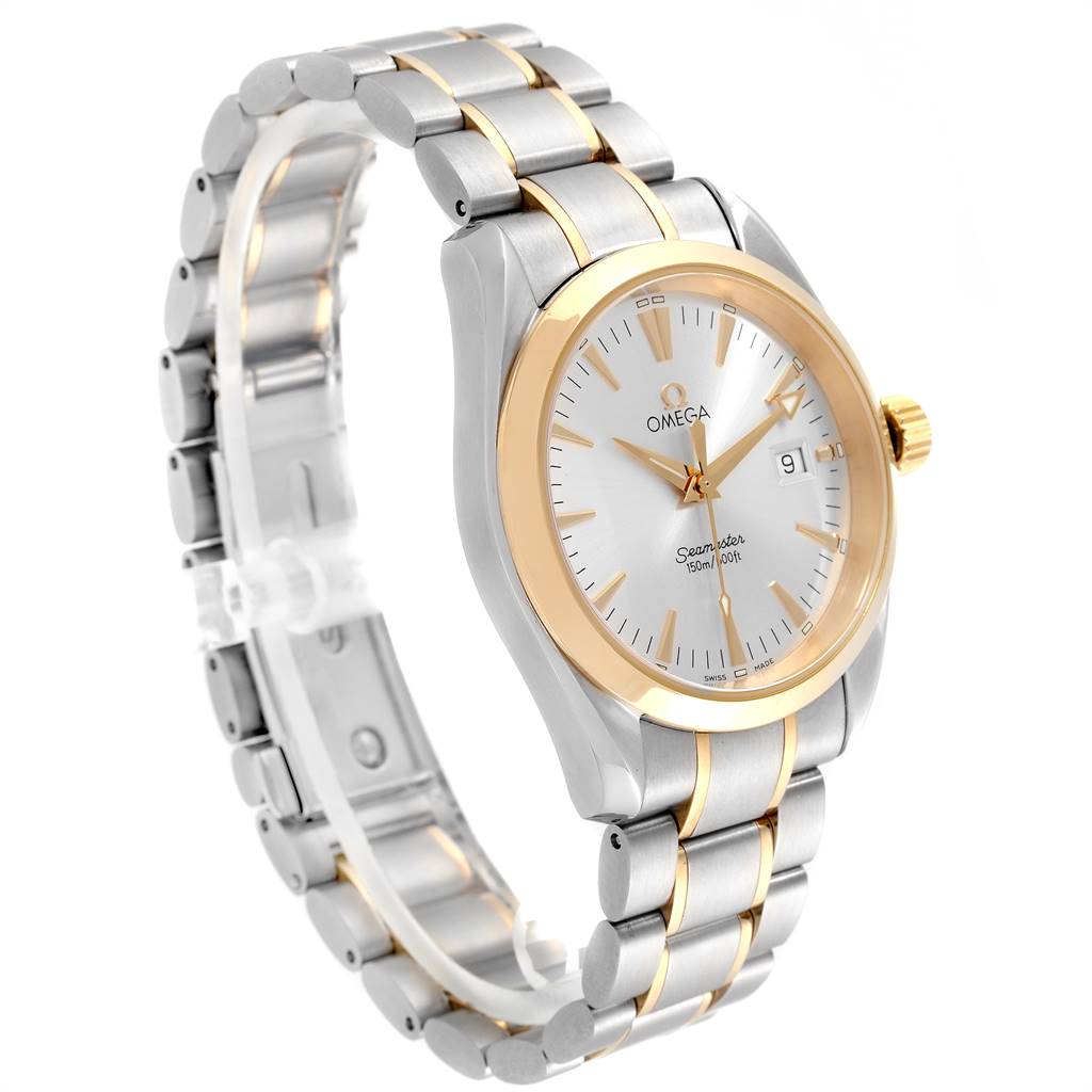 The Omega Aqua Terra 2318.30.00 Men
s Steel and Gold (two tone) Silver Dial 2318.30.00 Men
s Steel and Gold (two tone) Silver Dial watch is shown at an angled front view, highlighting the case, dial, bracelet, and crown.