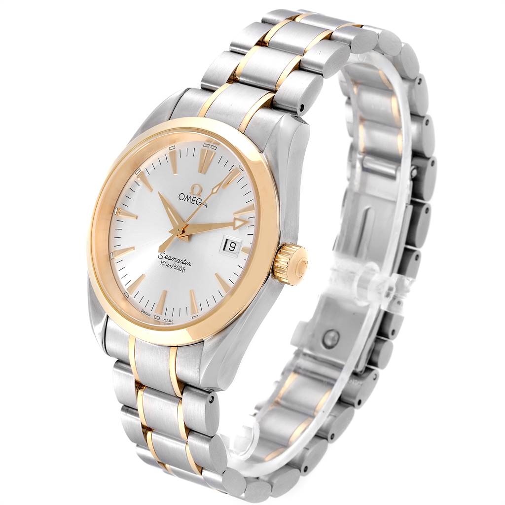 The image shows a side angle of the Omega Aqua Terra 2318.30.00 Men
s Steel and Gold (two tone) Silver Dial 2318.30.00 Men
s Steel and Gold (two tone) Silver Dial watch, highlighting its silver and gold bracelet and white dial.