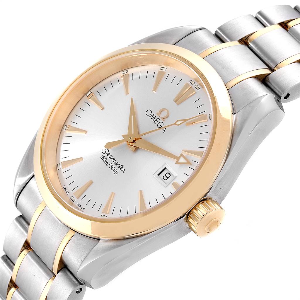 The Omega Aqua Terra 2318.30.00 Men
s Steel and Gold (two tone) Silver Dial 2318.30.00 Men
s Steel and Gold (two tone) Silver Dial watch is shown at a slight angle, highlighting the face, bezel, crown, and part of the bracelet.