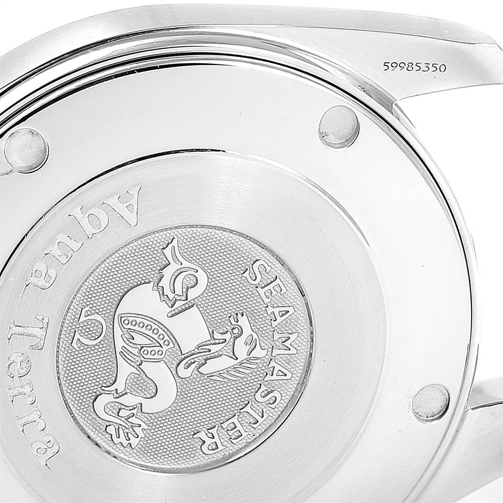 The image shows the back case of the Omega Aqua Terra 2318.30.00 Men
s Steel and Gold (two tone) Silver Dial 2318.30.00 Men
s Steel and Gold (two tone) Silver Dial watch, highlighting the embossed Seamaster logo and serial number.