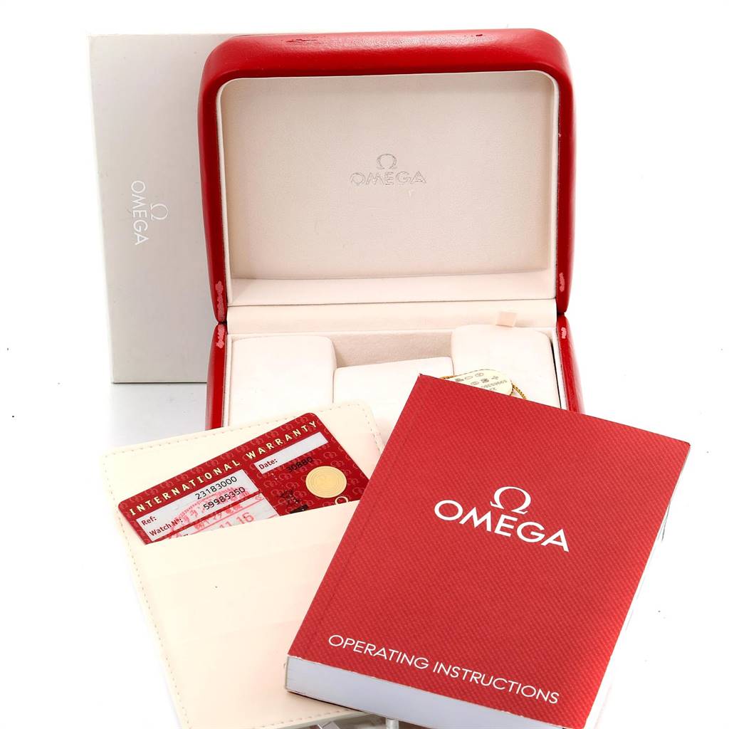 The image shows an Omega Aqua Terra 2318.30.00 Men
s Steel and Gold (two tone) Silver Dial 2318.30.00 Men
s Steel and Gold (two tone) Silver Dial
s box, warranty card, holder, and operating instructions.