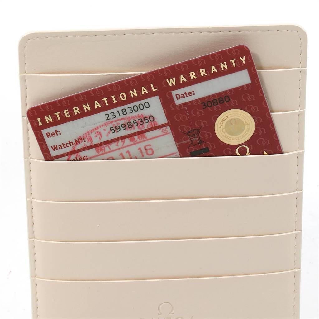 The image shows an international warranty card for an Omega Aqua Terra 2318.30.00 Men
s Steel and Gold (two tone) Silver Dial 2318.30.00 Men
s Steel and Gold (two tone) Silver Dial watch, stored in a beige cardholder.