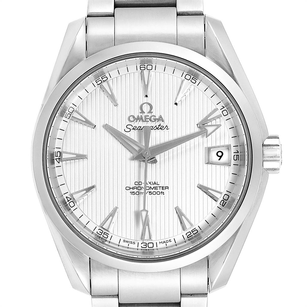The image shows a front view of the Omega Aqua Terra 231.10.39.21.02.001 Men
s Stainless Steel Silver Dial 231.10.39.21.02.001 Men
s Stainless Steel Silver Dial model watch, highlighting the dial, hands, date window, and stainless steel bracelet.