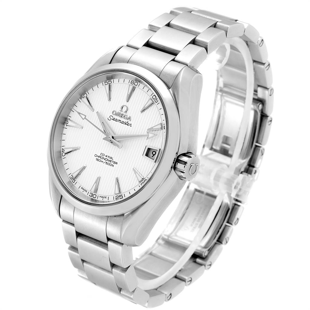 The image shows a side and top view of an Omega Aqua Terra 231.10.39.21.02.001 Men
s Stainless Steel Silver Dial 231.10.39.21.02.001 Men
s Stainless Steel Silver Dial watch, highlighting its face, crown, and metal bracelet.