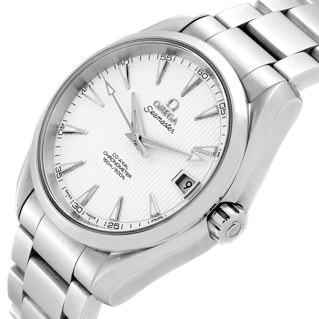 The image shows an Omega Aqua Terra 231.10.39.21.02.001 Men
s Stainless Steel Silver Dial 231.10.39.21.02.001 Men
s Stainless Steel Silver Dial watch angled slightly from the right, highlighting the dial, crown, and stainless steel bracelet.