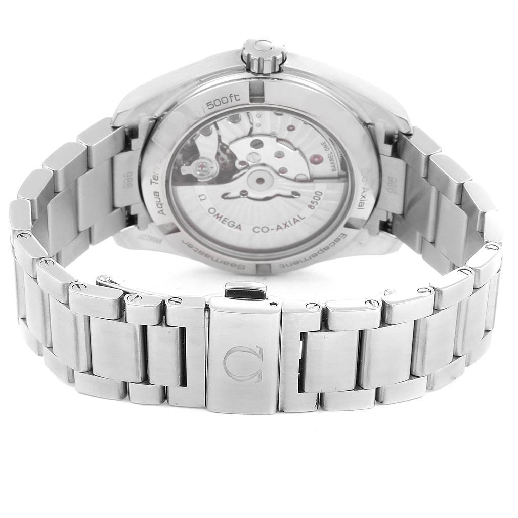 This image shows the back view of the Omega Aqua Terra 231.10.39.21.02.001 Men
s Stainless Steel Silver Dial 231.10.39.21.02.001 Men
s Stainless Steel Silver Dial watch, highlighting the case back and metal bracelet with clasp.