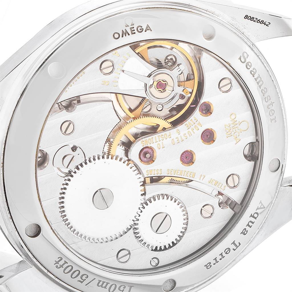 The image shows the back view of the Omega Aqua Terra 2806.52.37 Men
s Stainless Steel Black Dial 2806.52.37 Men
s Stainless Steel Black Dial model, revealing the intricate mechanical movement and internal components.