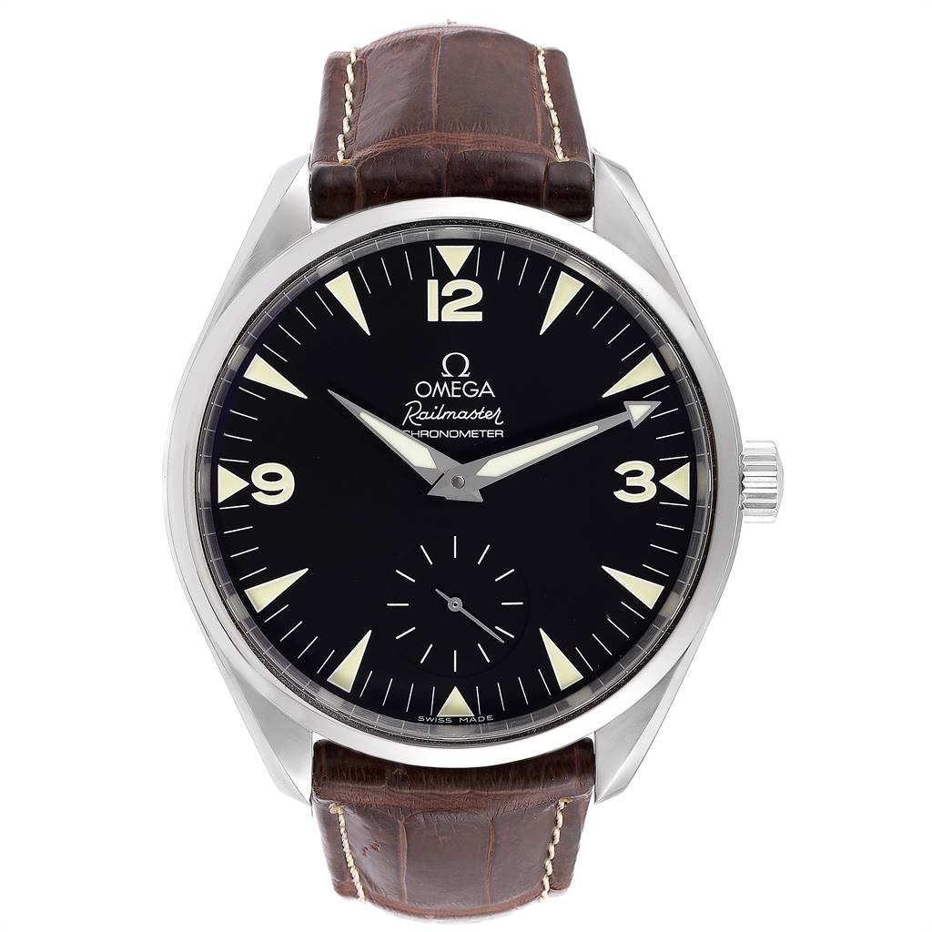 The image shows a front view of the Omega Aqua Terra 2806.52.37 Men
s Stainless Steel Black Dial 2806.52.37 Men
s Stainless Steel Black Dial Railmaster watch with a brown leather strap.