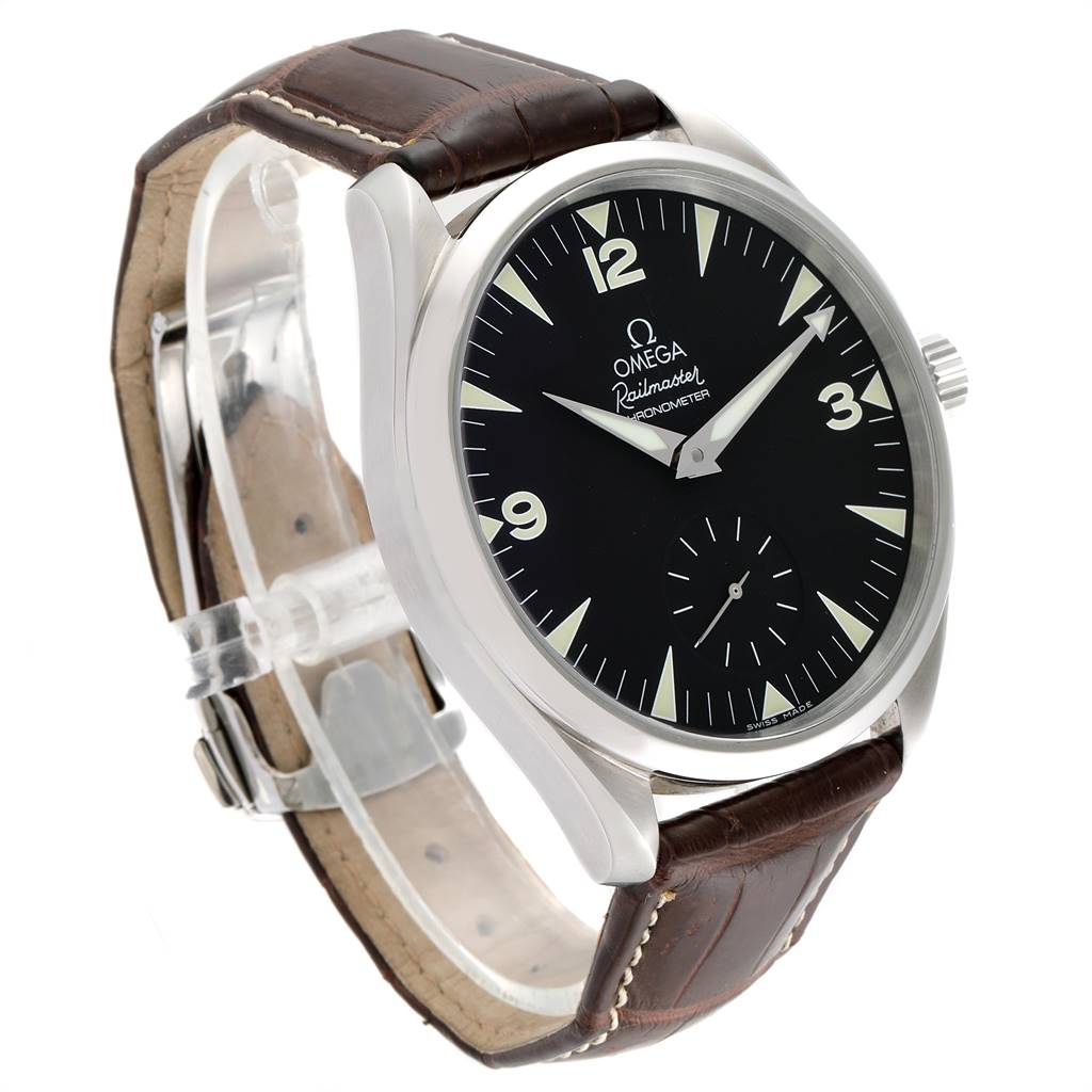 The image shows a side view of the Omega Aqua Terra 2806.52.37 Men
s Stainless Steel Black Dial 2806.52.37 Men
s Stainless Steel Black Dial watch, highlighting its face, bezel, and brown leather strap.