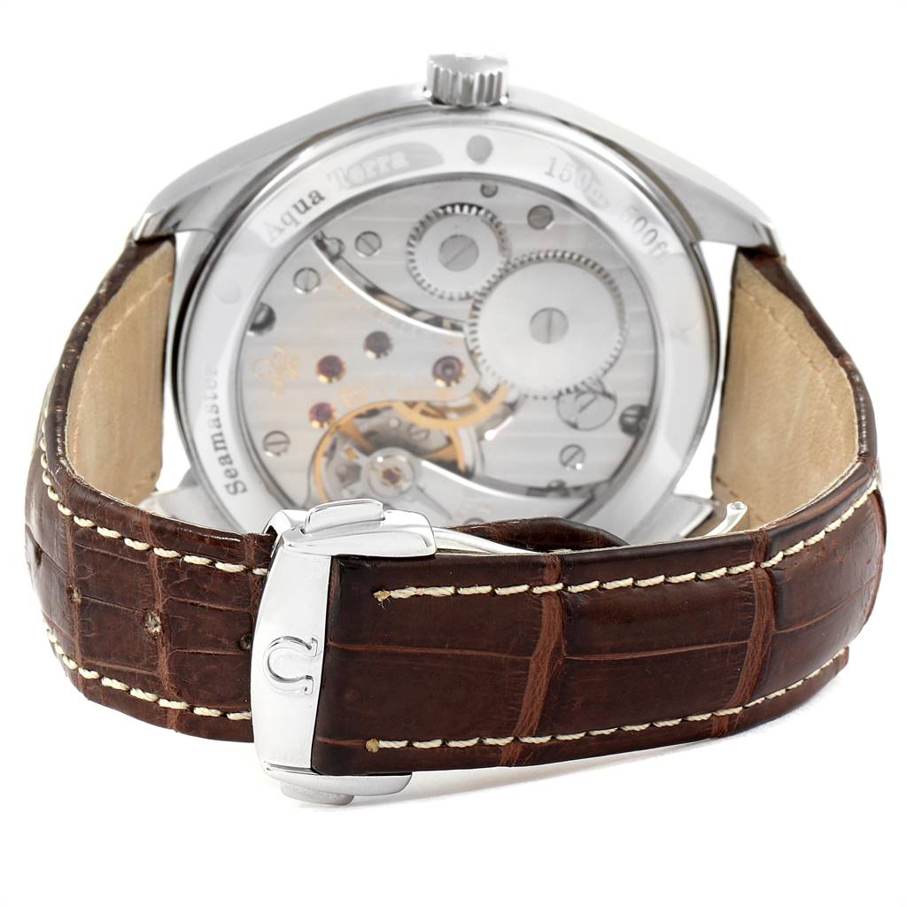 The image shows the back view of the Omega Aqua Terra 2806.52.37 Men
s Stainless Steel Black Dial 2806.52.37 Men
s Stainless Steel Black Dial watch, displaying its inner mechanisms and brown leather strap.