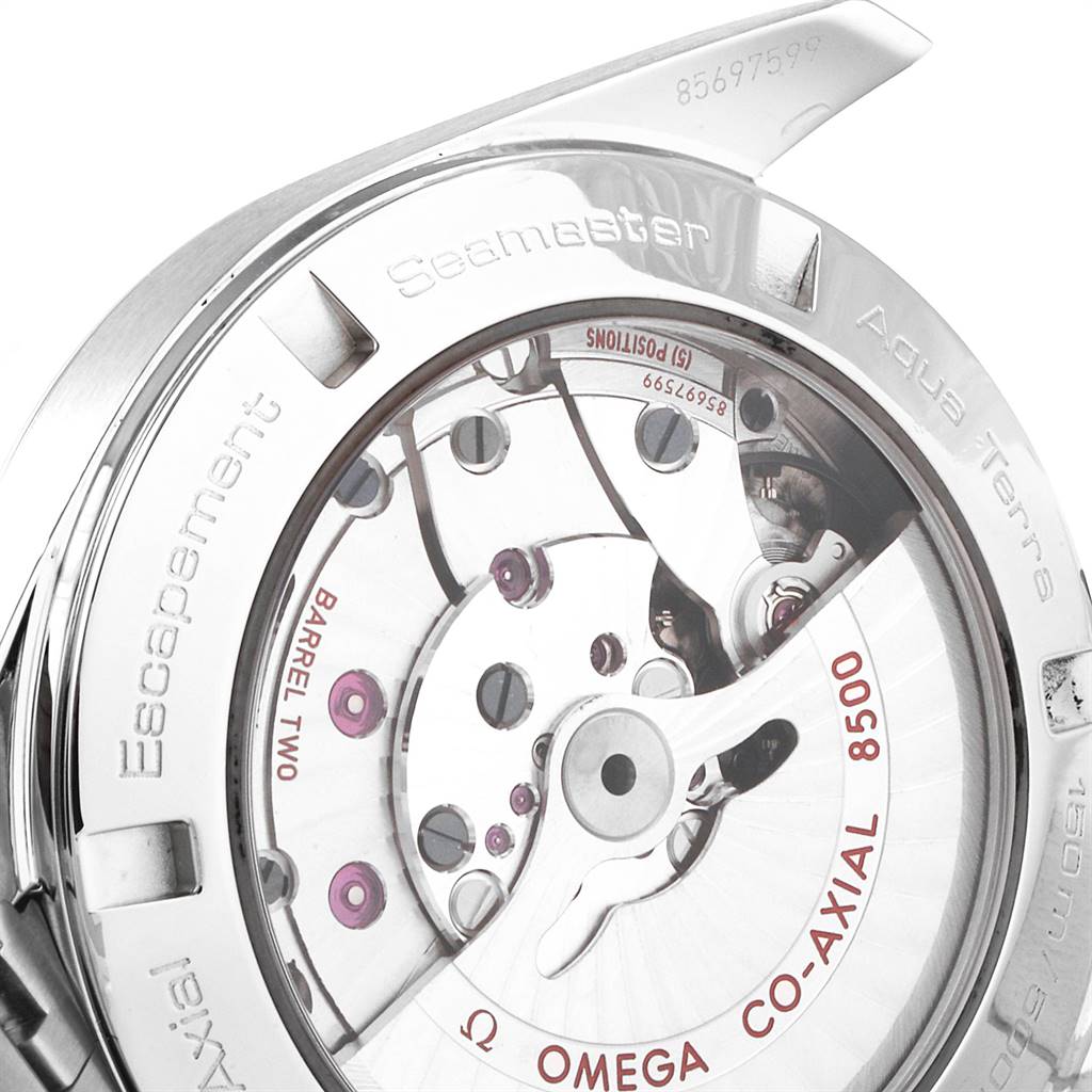 The image shows the back case of the Omega Aqua Terra 231.10.42.21.02.002 Men
s Stainless Steel Silver Dial 231.10.42.21.02.002 Men
s Stainless Steel Silver Dial Seamaster, highlighting its internal mechanics and model inscriptions.