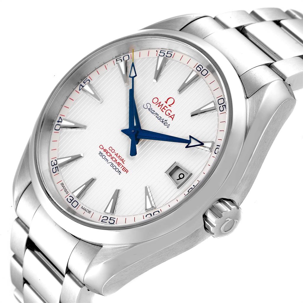 The image shows an Omega Aqua Terra 231.10.42.21.02.002 Men
s Stainless Steel Silver Dial 231.10.42.21.02.002 Men
s Stainless Steel Silver Dial watch angled to display its face, crown, and part of the bracelet.