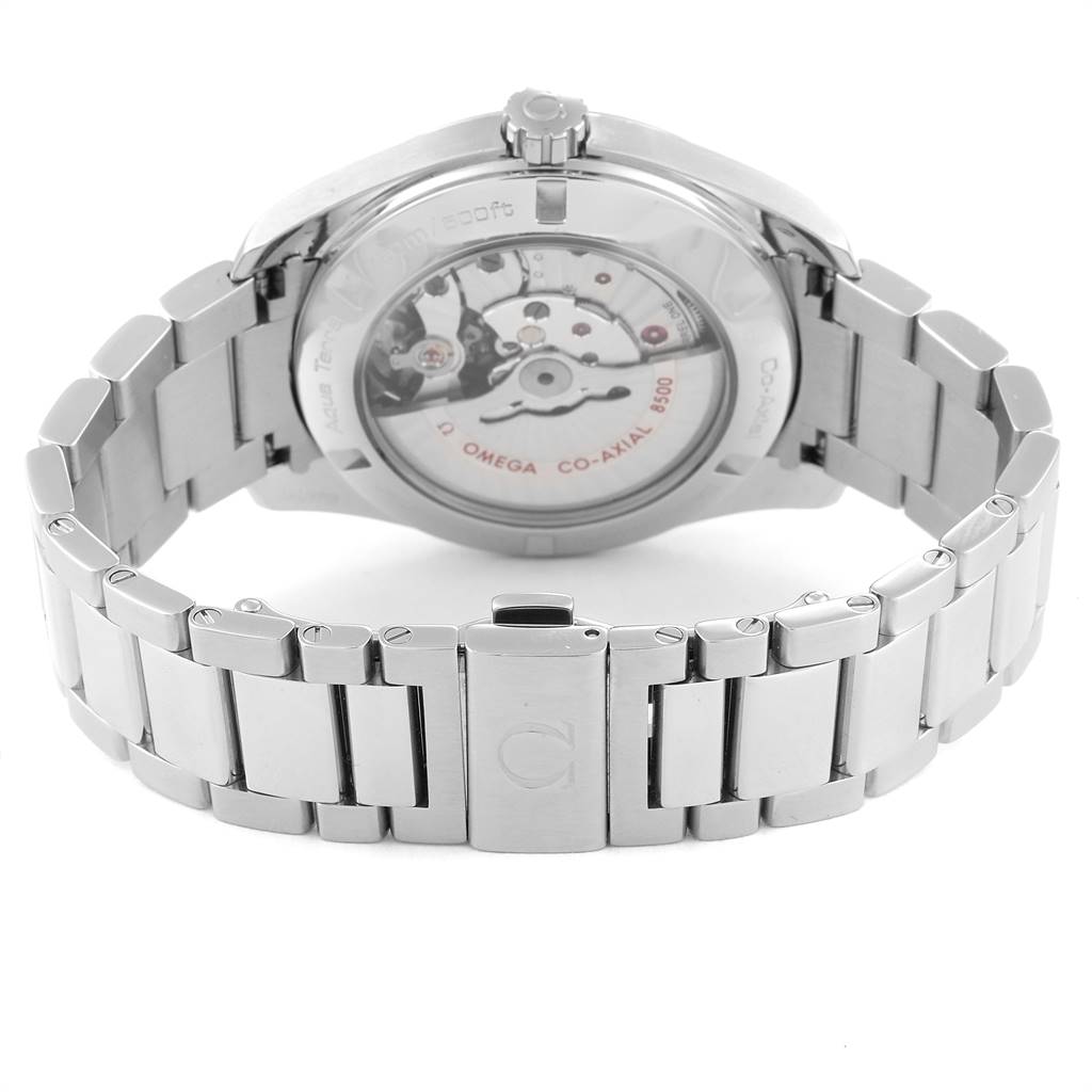 The image shows the back view of an Omega Aqua Terra 231.10.42.21.02.002 Men
s Stainless Steel Silver Dial 231.10.42.21.02.002 Men
s Stainless Steel Silver Dial watch, highlighting its transparent case back and metal bracelet.