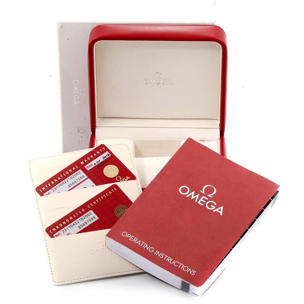 The image shows the packaging and accessories for the Omega Aqua Terra 231.10.42.21.02.002 Men
s Stainless Steel Silver Dial 231.10.42.21.02.002 Men
s Stainless Steel Silver Dial, including the box, warranty cards, and operating instructions.