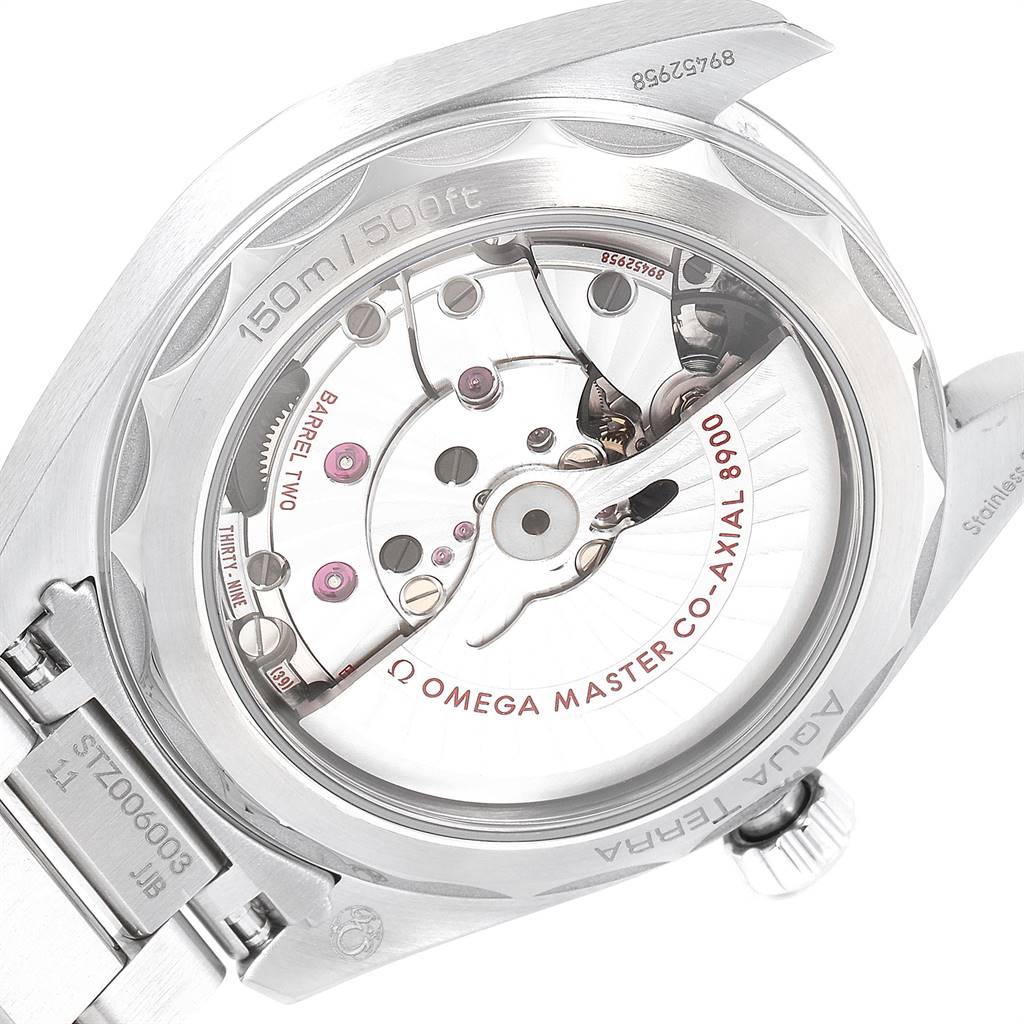 This image shows the back view of the Omega Aqua Terra 220.10.41.21.02.001 Men's Stainless Steel Silver Dial 220.10.41.21.02.001 Men's Stainless Steel Silver Dial watch, displaying its exposed movement mechanism.