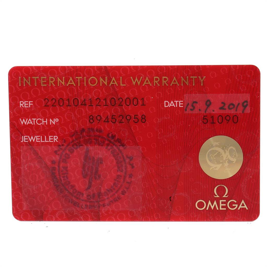 This is an International Warranty card for the Omega Aqua Terra 220.10.41.21.02.001 Men's Stainless Steel Silver Dial 220.10.41.21.02.001 Men's Stainless Steel Silver Dial watch model.