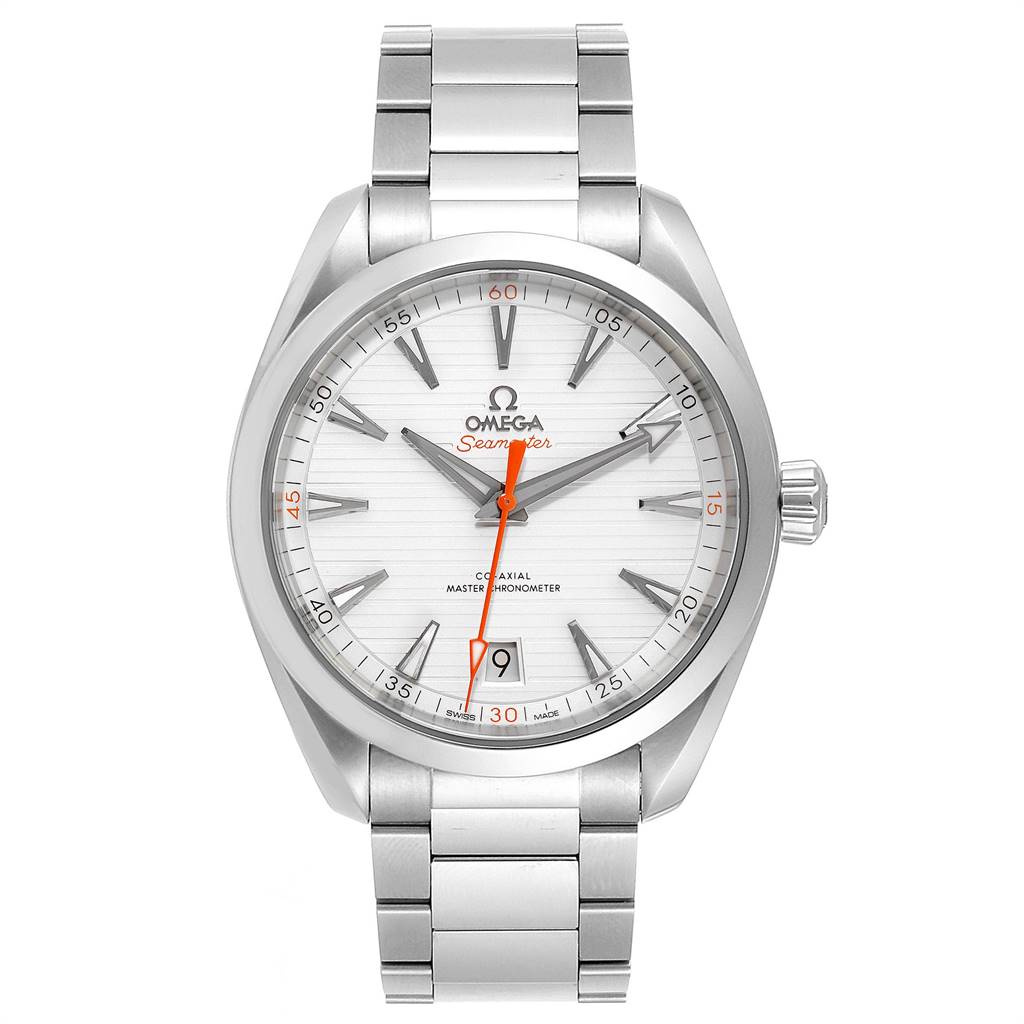 The image shows a front view of the Omega Aqua Terra 220.10.41.21.02.001 Men's Stainless Steel Silver Dial 220.10.41.21.02.001 Men's Stainless Steel Silver Dial watch, displaying its dial, bracelet, and crown.