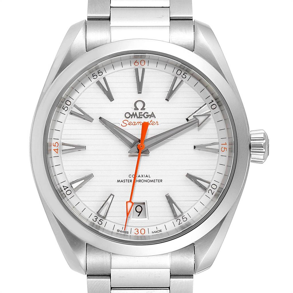This is a front view of the Omega Seamaster Aqua Terra watch, showing the dial, hands, date display, and part of the bracelet.
