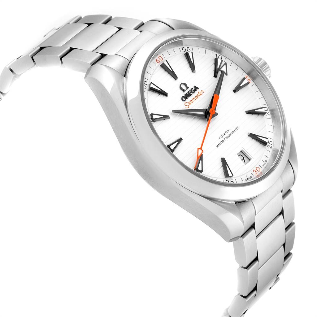 The image shows a side view of the Omega Aqua Terra 220.10.41.21.02.001 Men's Stainless Steel Silver Dial 220.10.41.21.02.001 Men's Stainless Steel Silver Dial watch highlighting its face, bezel, crown, and stainless steel bracelet.