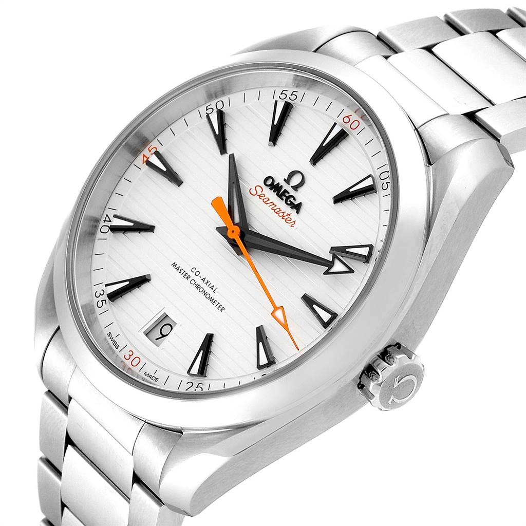 The image shows the Omega Aqua Terra 220.10.41.21.02.001 Men's Stainless Steel Silver Dial 220.10.41.21.02.001 Men's Stainless Steel Silver Dial watch from an angled front view, highlighting its dial, bezel, crown, and bracelet.