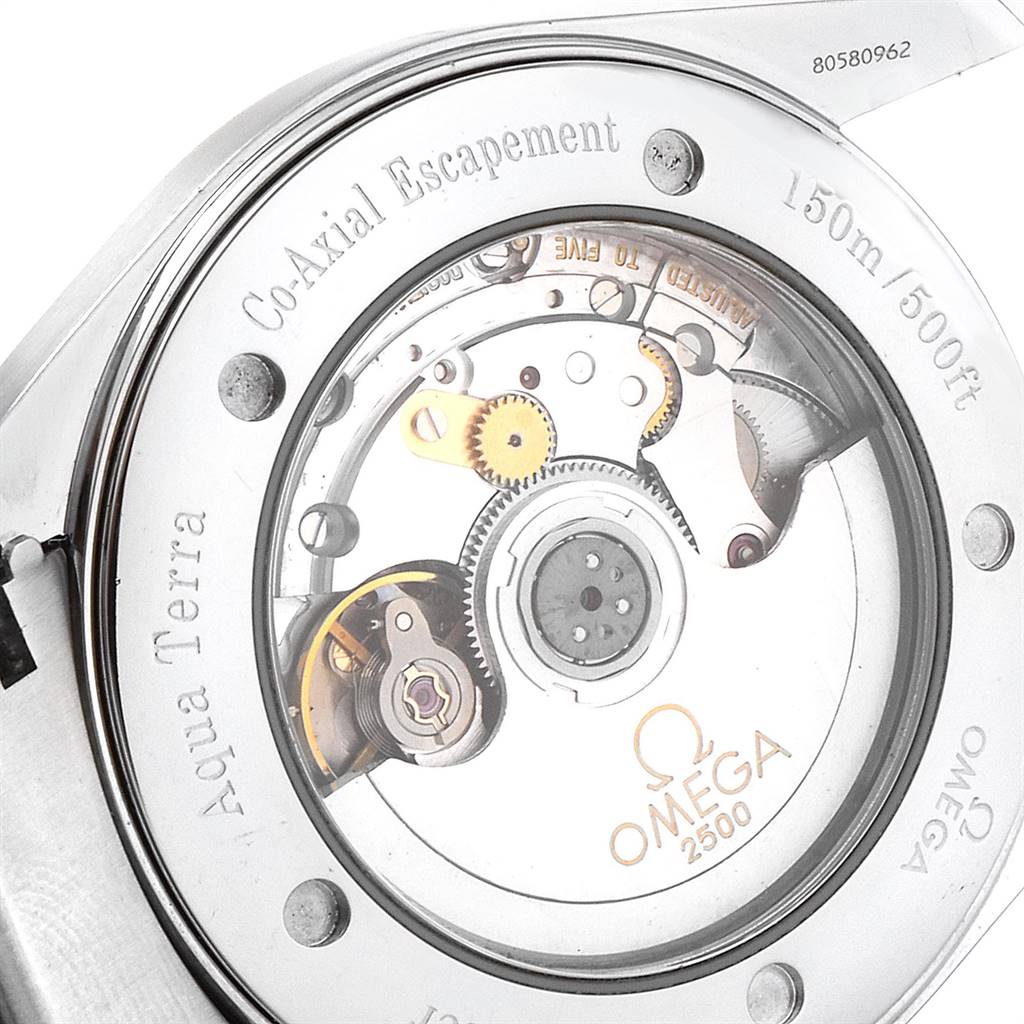 The image shows the back of an Omega Aqua Terra 2503.80.00 Men
s Stainless Steel Blue Dial 2503.80.00 Men
s Stainless Steel Blue Dial watch, highlighting its Co-Axial Escapement and internal movement mechanism.