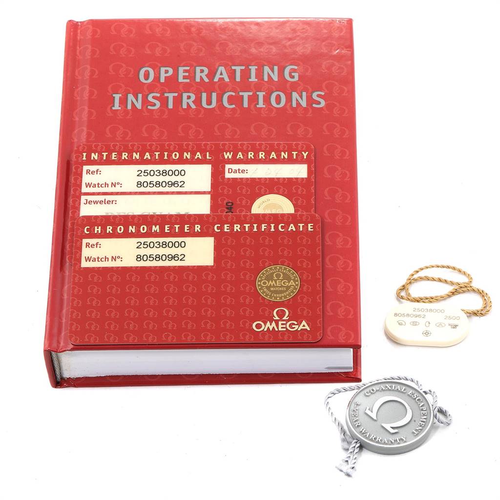 The image shows operating instructions, warranty cards, and tags for the Omega Aqua Terra 2503.80.00 Men
s Stainless Steel Blue Dial 2503.80.00 Men
s Stainless Steel Blue Dial watch model.